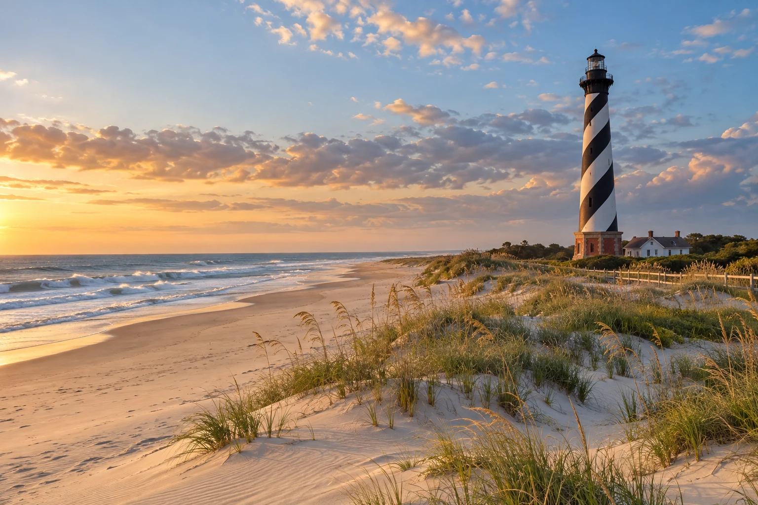 A sculpted coastal lighthouse above rolling blue waves beneath an amber sun